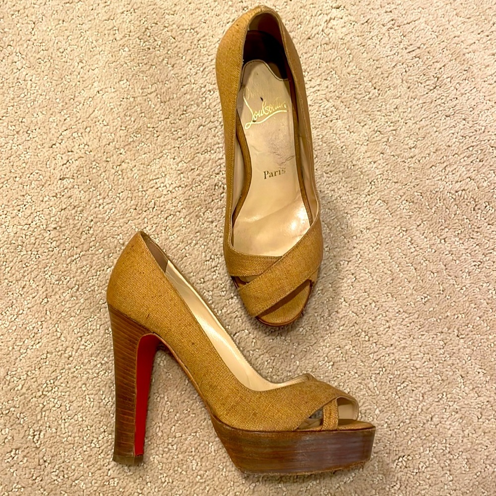 Louboutin Nude Textured Canvas & Stack Wood Heel Pump Sandals